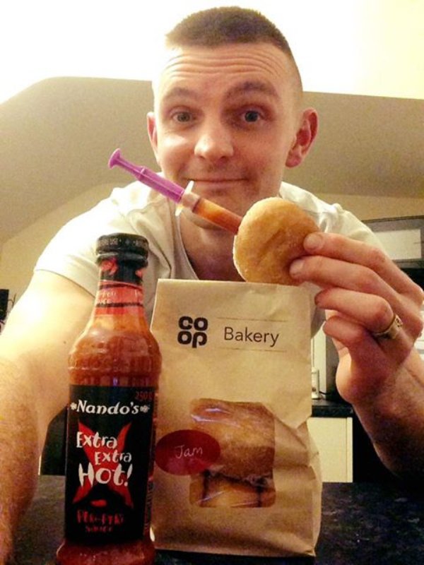 hot sauce in the donuts prank - 99 Bakery Nando's. Jam Extra Extra Hot!