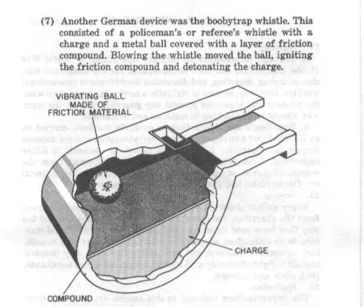 whistle booby trap - 7 Another German device was the boobytrap whistle. This consisted of a policeman's or referee's whistle with a charge and a metal ball covered with a layer of friction compound. Blowing the whistle moved the ball, igniting the frictio