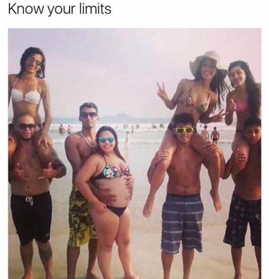 Funny dank meme of bunch of guys holding their girlfriends on their shoulders and one who isn't for obvious reasons (she's a bit heavy looking).