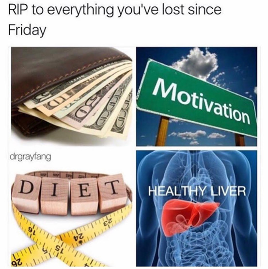 Dank meme about the losses of the weekend such as money, motivation, diet and the health of your liver.