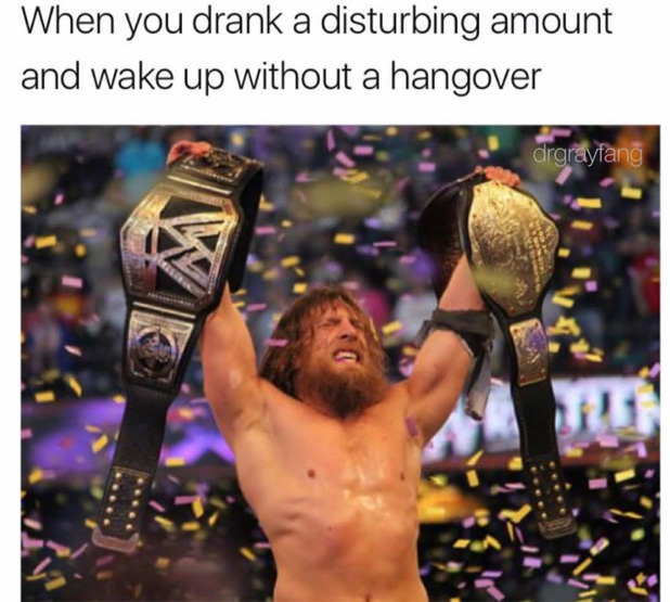 Holding up the champion belt - dank meme about when you drink too much but still no hangover.