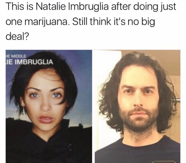 Dank meme about the danger of marijuana being made fun of by joking that Natalie Imbruglia smoked just one and now looks like washed up man.