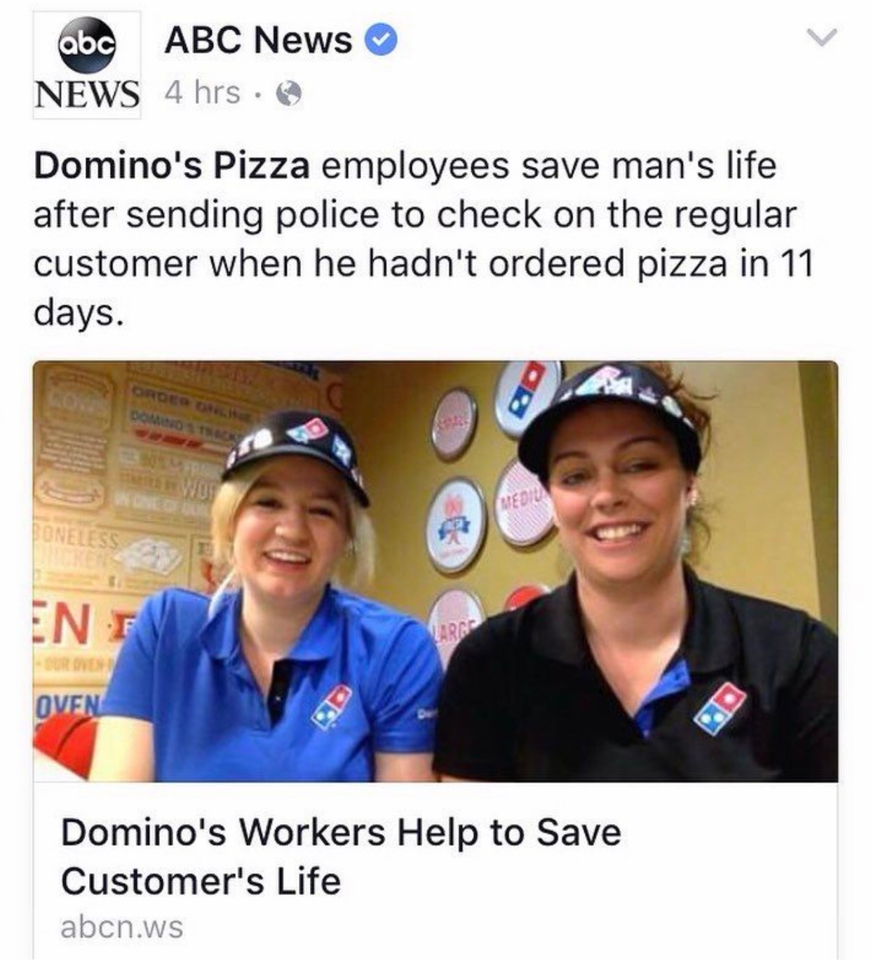 memes - domino's workers - abc Abc News News 4 hrs. Domino's Pizza employees save man's life after sending police to check on the regular customer when he hadn't ordered pizza in 11 days. En Oven Domino's Workers Help to Save Customer's Life abcn.ws