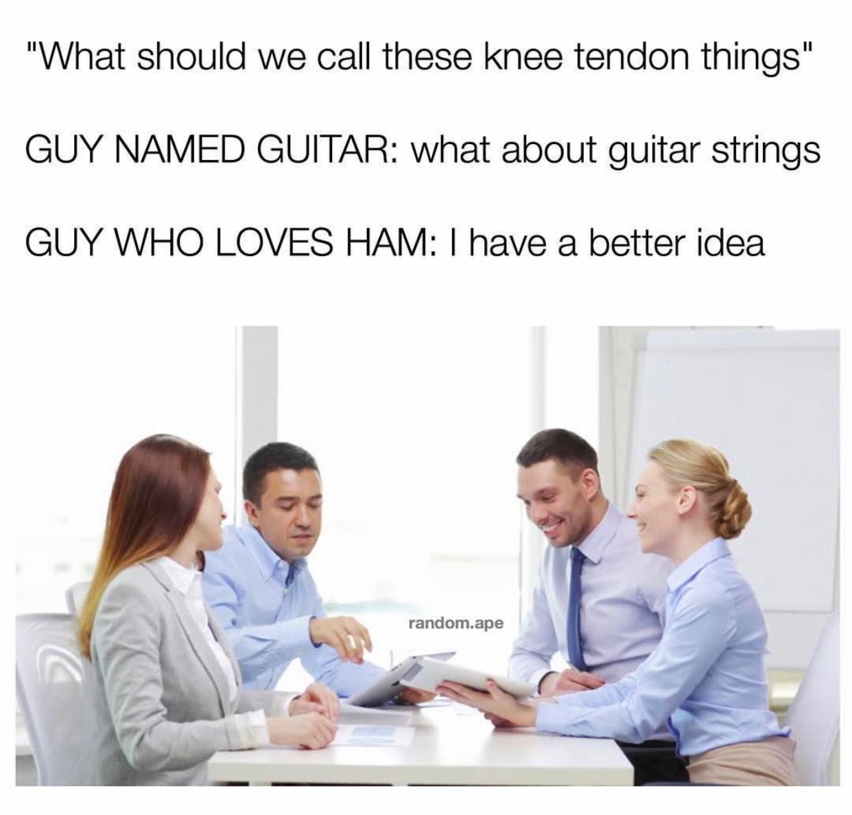 memes - conversation - "What should we call these knee tendon things" Guy Named Guitar what about guitar strings Guy Who Loves Ham I have a better idea random.ape