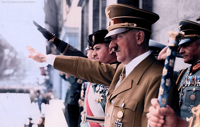 Adolf Hitler, Along with Mussolini’s son-in-law, Count Galeazzo Ciano (to Hitler’s right), and Joachim von Ribbentrop, attend a NSDAP (Nazi Party) 1930s.

Count Galeazzo Ciano was, from the very beginning, against the notion of Italy entering a war; he believed Italy was ill prepared for such an undertaking. As his doubts grew, Ciano would take increasingly bold actions; prior to the German invasion of France, for example, he warned the Belgian government of an imminent German invasion of Belgium. In 1942 and 1943, when the situation looked dire, Ciano turned his efforts towards Italy’s withdrawal from the conflict. For this, he was removed from his post as Foreign Minister on February 5th, 1943. He would remain under close watch of his father-in-law, Mussolini. Following Mussolini’s arrest and Italy’s change of heart, Ciano sought refuge in Germany. There he did not find it; Ciano was rebuffed by the Germans and tried by the fsacist Italians, who found him guilty of treason. Count Ciano was executed by firing squad under the order of his father in law, Benito Mussolini, on January 11th, 1944. His last words were “Long Live Italy!”