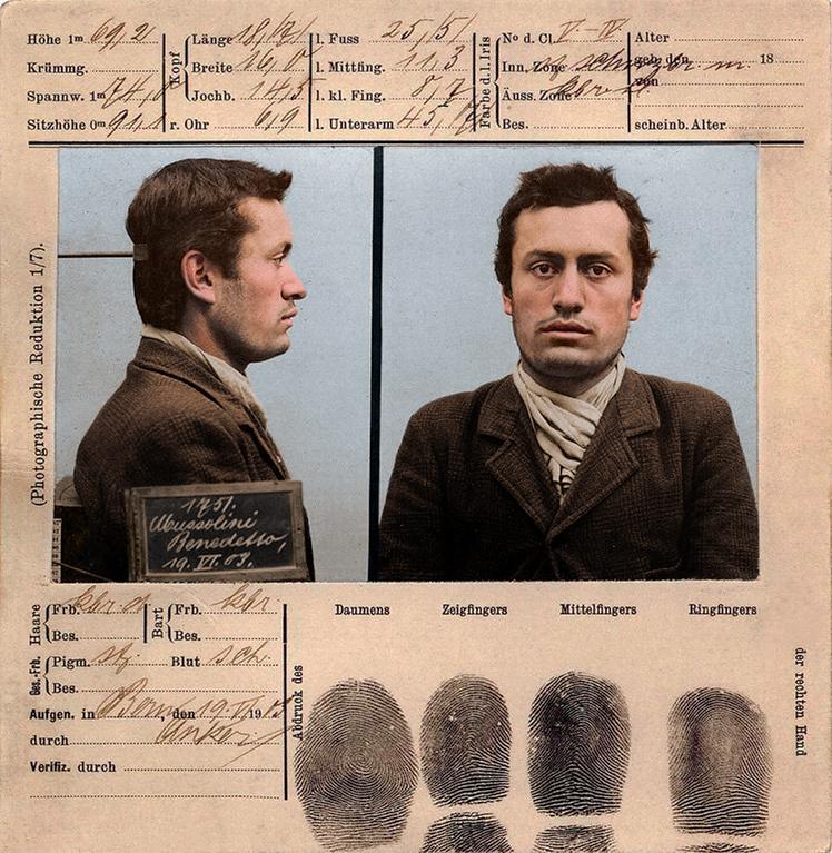 Mugshot and fingerprints of a young Marxist named ‘Benedetto’ Mussolini. Bern, Switzerland, 1903