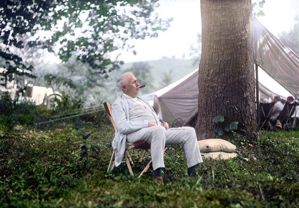 Thomas Edison relaxing on a “Vagabonds” camping trip, 1921