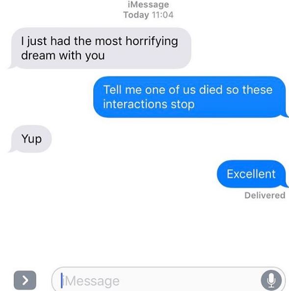 communication - iMessage Today I just had the most horrifying dream with you Tell me one of us died so these interactions stop Yup Excellent Delivered > Message