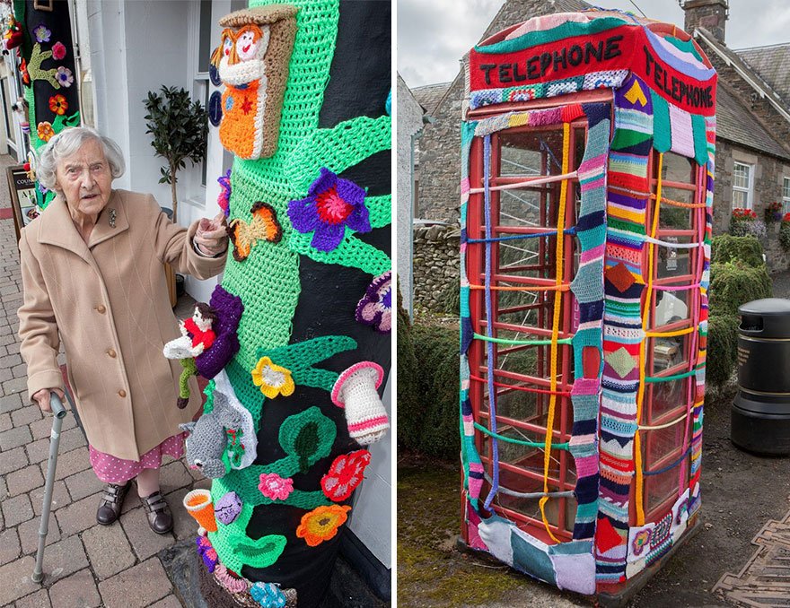 104-year-old Grace Brett, member of band of guerilla knitters, thought to be the oldest street artist/yarn-bomber in world