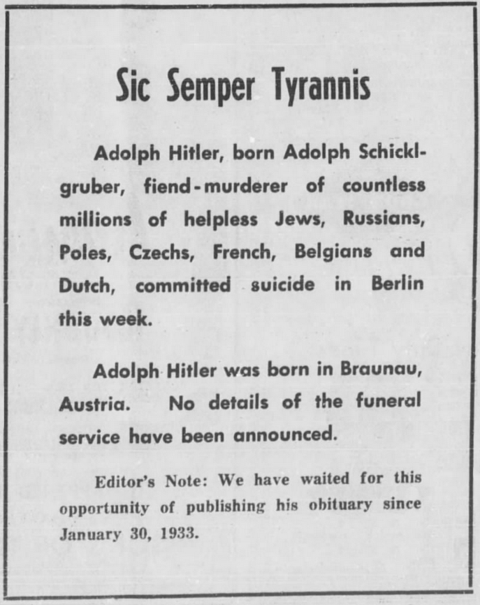 Adolf Hitler’s obituary in The Wisconsin Jewish Chronicle, May 4, 1945