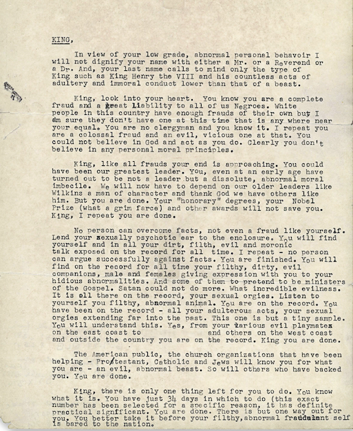 A letter sent anonymously by the FBI to Martin Luther King Jr., 1964