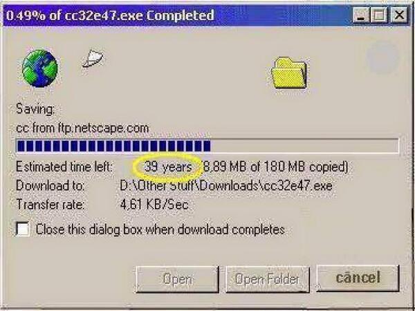 nostalgic 90s struggles - 0.49% of cc32e47.exe Completed Saving cc from ftp.netscape.com Estimated time left 39 years 8,89 Mb of 180 Mb copied Download to D\Other Stuff Downloads\cc32e47.exe Transfer rate 4,61 KbSec Close this dialog box when download com