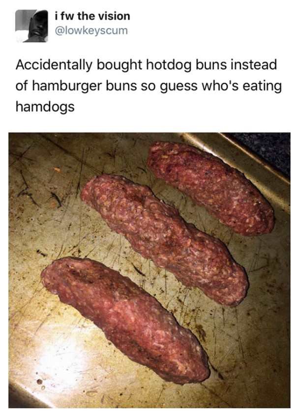 hamdogs meme - i fw the vision Accidentally bought hotdog buns instead of hamburger buns so guess who's eating hamdogs