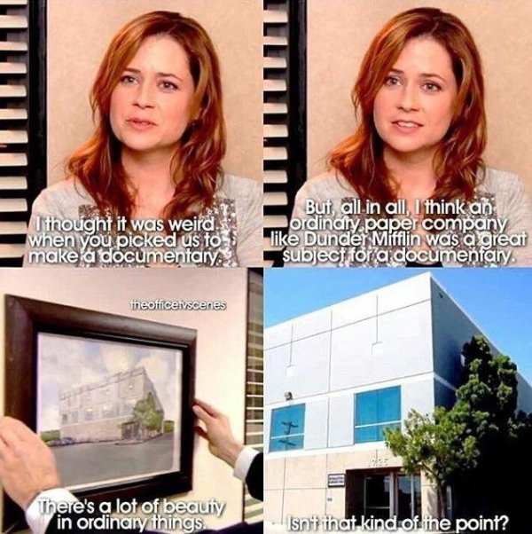 wholesome memes - media - I thought it was weird. when you picked us to $ make a documentary But all in all, I think an ordinary paper company Dunder Mifflin was a great subject for a documenfary. theofficeivscenes There's a lot of beauty in ordinary thin