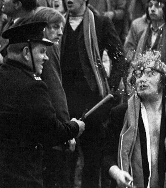 Man’s spectacles explode after being struck by a policeman’s truncheon, 1960’s