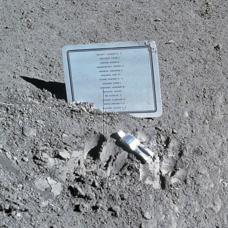 In 1971, the U.S. left a memorial on the Moon for every astronaut who died in the pursuit of space exploration, including Russian Cosmonauts.

The sculpture was to be lightweight but sturdy, capable of withstanding the temperature extremes of the Moon; it could not be identifiably male or female, nor of any identifiable ethnic group. According to Scott, it was agreed Van Hoeydonck’s name would not be made public, to avoid the commercial exploitation of the US government’s space program. Scott kept the agreement secret from NASA management prior to the mission, smuggling the statue aboard his spacecraft.
