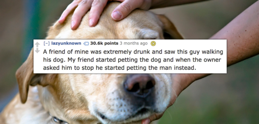 puppers and doggos meme - lazyunknown points 3 months ago A friend of mine was extremely drunk and saw this guy walking his dog. My friend started petting the dog and when the owner asked him to stop he started petting the man instead.