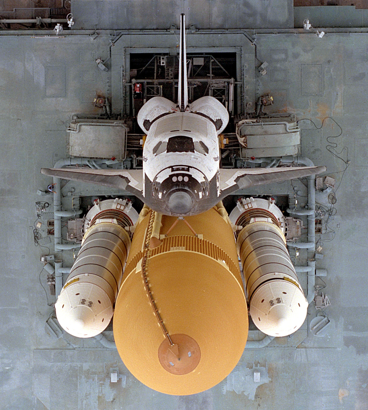 Overhead view of Space Shuttle Atlantis on the Mobile Launcher Platform as it traveled to Launch Pad 39A from the Vehicle Assembly Building. Atlantis lifted off on Mission STS-79 on September 16, 1996.
