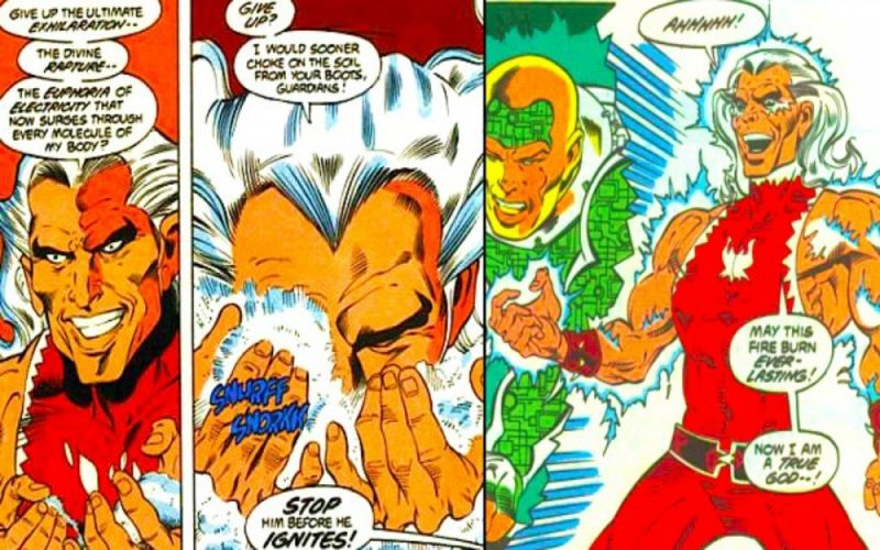 There is a D.C. super villain named Snowflame who gains super powers from snorting cocaine.

Actual character quote.
“Cocaine is my God — and I am the human instrument of its will!”