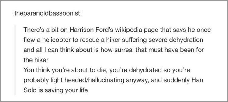 tumblr - surreal humor - theparanoidbassoonist There's a bit on Harrison Ford's wikipedia page that says he once flew a helicopter to rescue a hiker suffering severe dehydration and all I can think about is how surreal that must have been for the hiker Yo