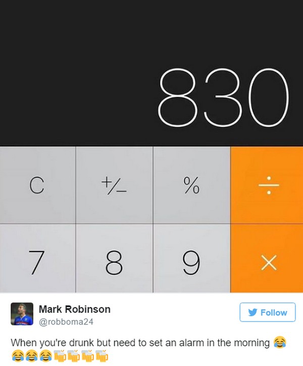 screenshot - 830 C % 7 8 9 Mark Robinson y When you're drunk but need to set an alarm in the morning a