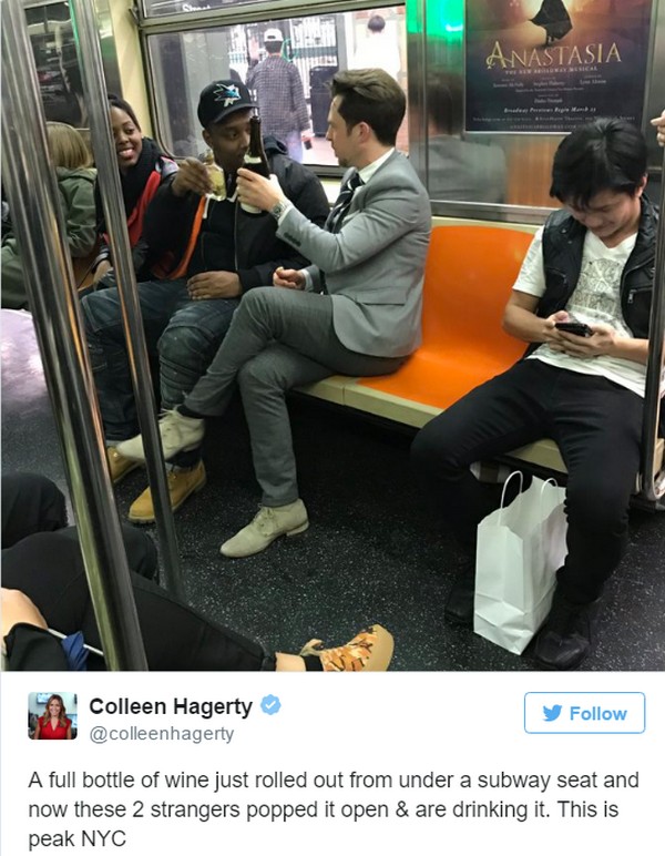 bottle of wine nyc subway - Anastasia Colleen Hagerty A full bottle of wine just rolled out from under a subway seat and now these 2 strangers popped it open & are drinking it. This is peak Nyc