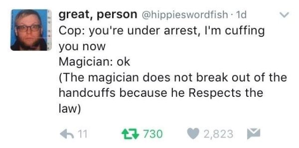 wholesome meme of smile - great, person . 1d Cop you're under arrest, I'm cuffing you now Magician ok The magician does not break out of the handcuffs because he Respects the law 11 47 730 2,823