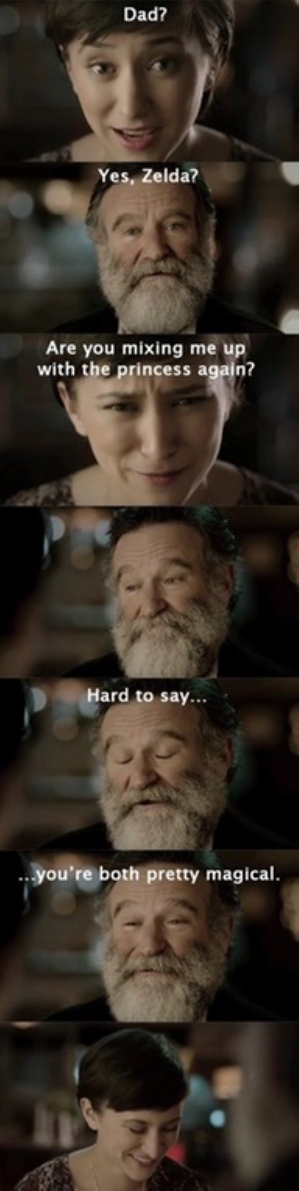 wholesome meme of robin williams zelda meme - Dad? Yes, Zelda? Are you mixing me up with the princess again? Hard to say... you're both pretty magical.