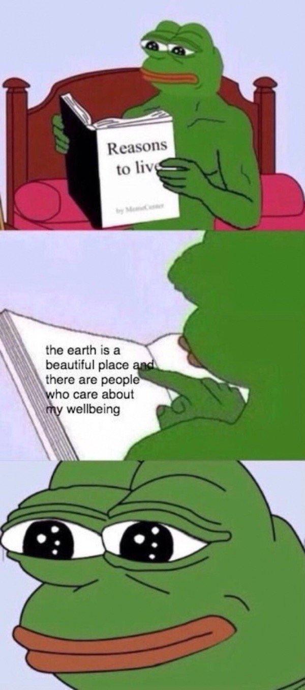 wholesome meme of wholesome pepe memes - Reasons to live the earth is a beautiful place and there are people who care about my wellbeing
