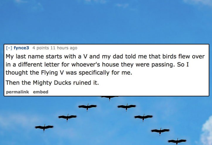 dumb things people believed as a kid - fynce3 4 points 11 hours ago My last name starts with a V and my dad told me that birds flew over in a different letter for whoever's house they were passing. So I thought the Flying V was specifically for me. Then t