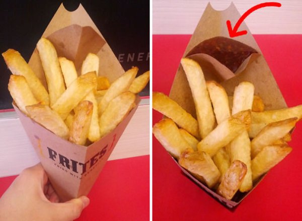 This french fry cone has a built-in sauce compartment to help you eat your fries, the way you desire, while on the go.