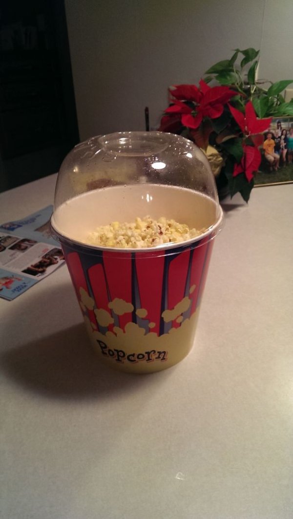 With this popcorn bowl top you can mix the salt and butter in much more efficiently while shaking it, without losing a single kernel. Boom.