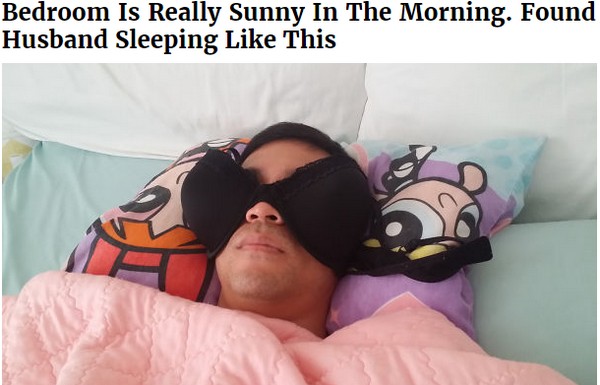 Husband passed out with bra on his eyes to block the sunlight