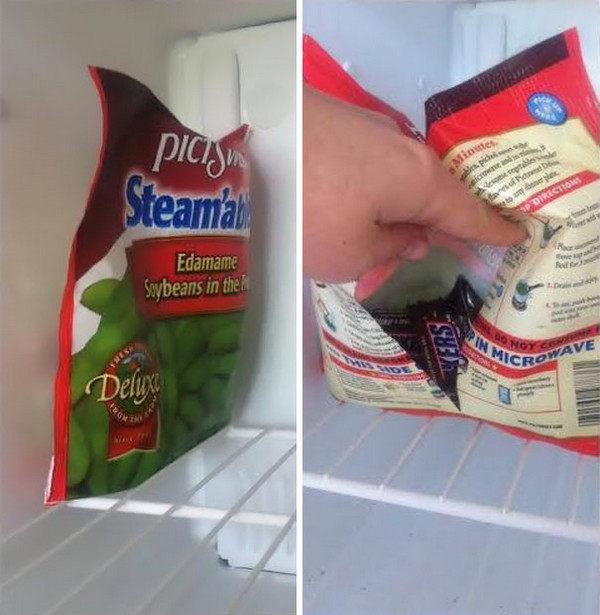Frozen bag of vegitables that really has Snicker's inside.