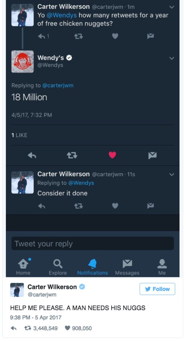 Wilkerson hasn’t reached the 18 million Wendy’s insisted on, but he now has the most retweeted Tweet of all time. The tweet currently has over 3,455,500 retweets, beating out Ellen DeGeneres’ Oscar selfie. That’s enough for Wendy’s to dish out the nuggets and a $100,000 donation to charity.