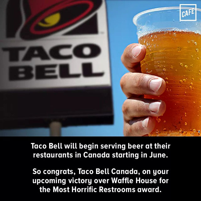 alcohol - Cafe Taco Bell Taco Bell will begin serving beer at their restaurants in Canada starting in June. So congrats, Taco Bell Canada, on your upcoming victory over Waffle House for the Most Horrific Restrooms award.