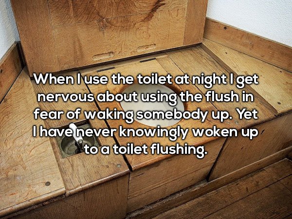 hard to let go - When I use the toilet at night Iget nervous about using the flush in fear of waking somebody up. Yet I have never knowingly woken up to a toilet flushing.