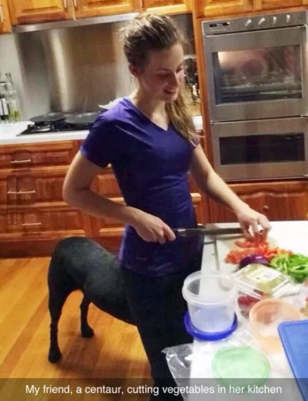 incredibly timed - My friend, a centaur, cutting vegetables in her kitchen