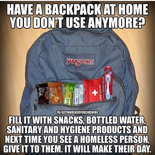 Meme about filling up an old backpack with snacks and giving it to a homeless person.