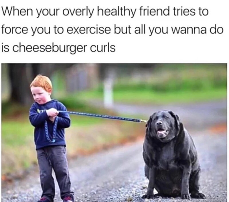 healthy friend meme - When your overly healthy friend tries to force you to exercise but all you wanna do is cheeseburger curls