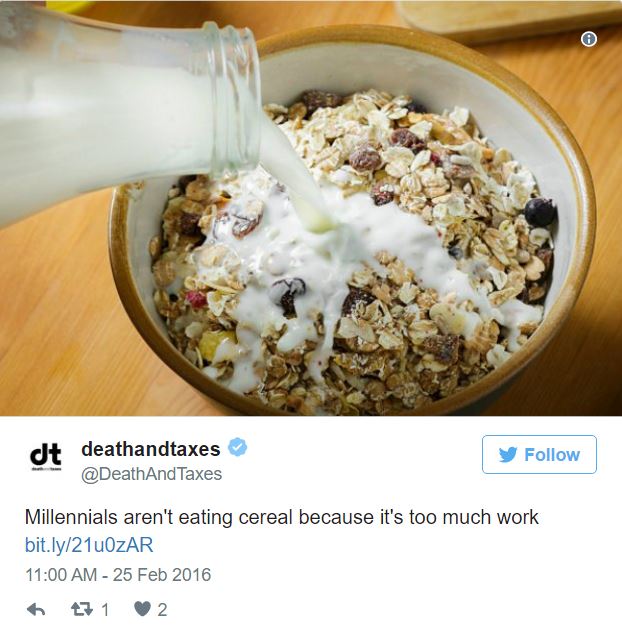 Meme pointing out how Millennials don't have cereal because it is too much work to clean up.