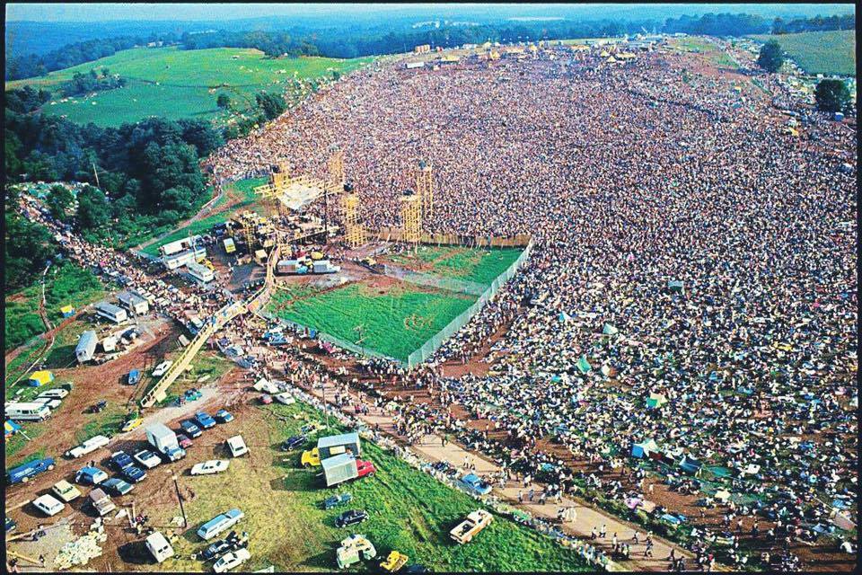 Aerial view of over 400,000 people at the Woodstock Music Festival, New York, 1969