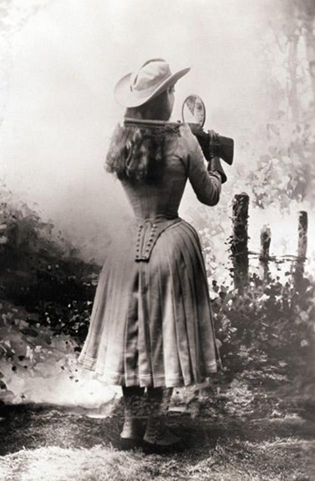 Annie Oakley shooting over her shoulder using a hand mirror, 1888. 

Annie Oakley was an American sharpshooter and exhibition shooter. Her amazing talent first came to light when the then-15-year-old won a shooting match with traveling-show marksman Frank E. Butler (whom she married). The couple joined Buffalo Bill’s Wild West show a few years later. Oakley became a renowned international star, performing before royalty and heads of state.