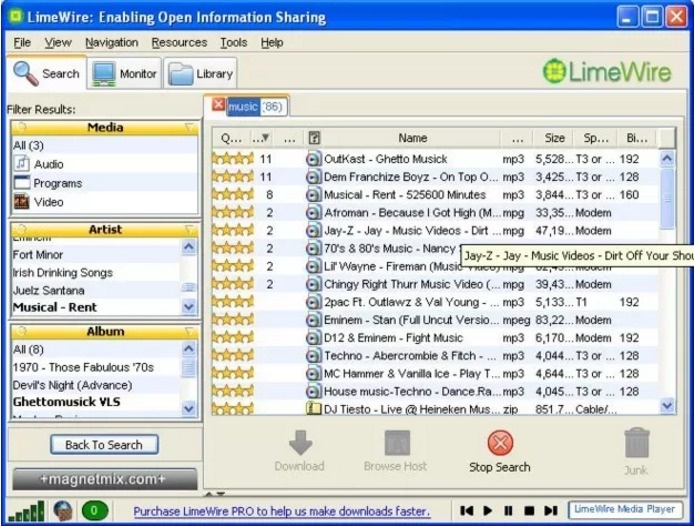 limewire 2019 - Dox LimeWire Enabling Open Information Sharing Eile View Navigation Resources Tools Help Search Monitor LimeWire Library music 86 ... Filter Results Media All 3 Audio Programs Video Q... ... 11 boto 11 2 Artist Com Fort Minor Irish Drinkin