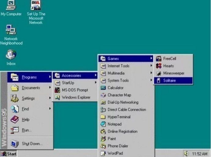 kids today will never know - msit My Computer Set Up The Microsoft Network Network Neighborhood Inbox FreeCell Hearts Minesweeper Soltaire Programs Documents Accessories G StartUp & MsDos Prompt Windows Explorer Settings Eind Games Internet Tools Multimed
