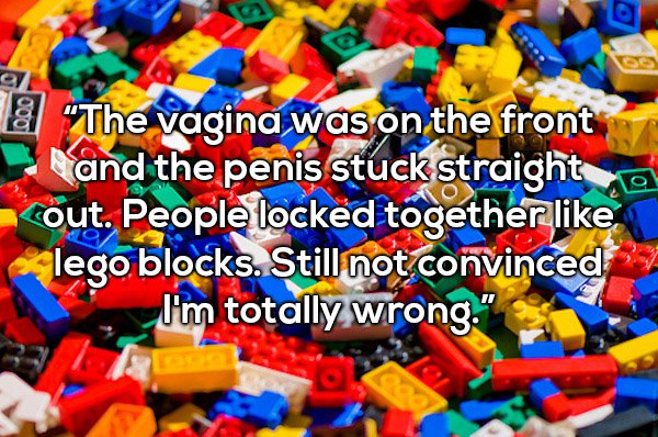 lego bricks - a The vagina was on the front Nand the penis stuck straight out. People locked together o lego blocks. Still not convinced I'm totally wrong."