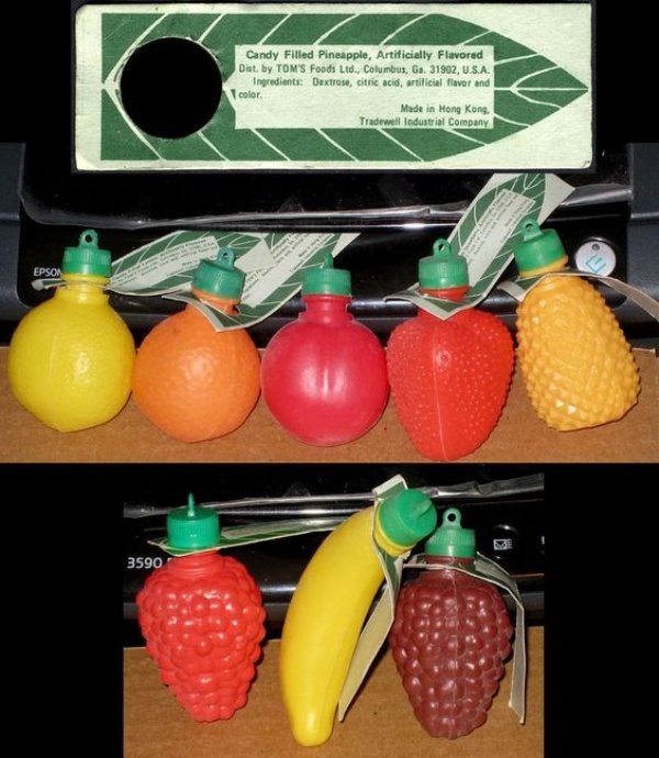 90s candy in a fruit shape - Candy Filled Pineapple, Artificially Flavored Dist, by Tom'S Foods Ltd., Columbus, Ga. 31902, U.S.A. Ingredients Dextrose, citric acid, artificial flavor and color, Made in Hong Kong. Tradewell Industrial Company Epson 3590