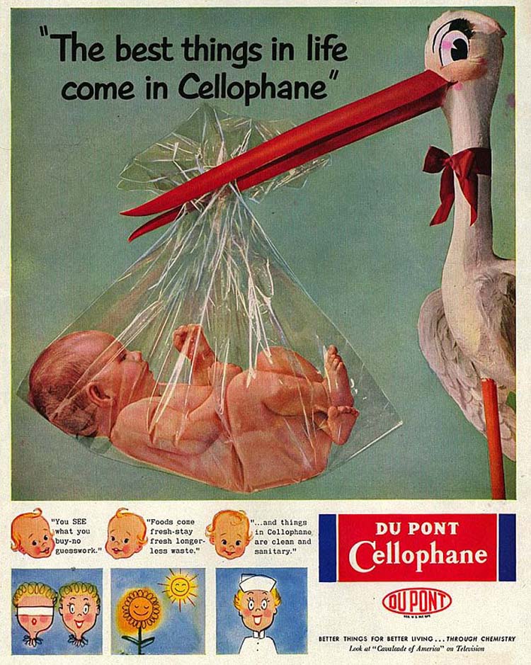 Offensive advertisement showing that birds deliver babies in cellophane.