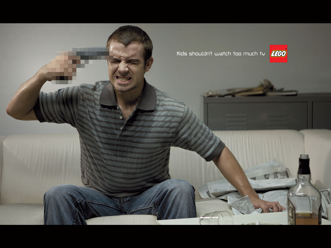Lego advertisement of someone holding a gun to their head.