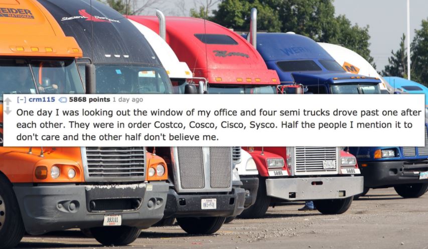 semi truck fleet - Eider crm1155868 points 1 day ago One day I was looking out the window of my office and four semi trucks drove past one after each other. They were in order Costco, Cosco, Cisco, Sysco. Half the people I mention it to don't care and the